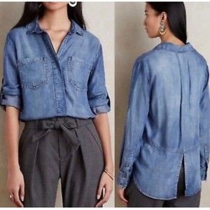 CLOTH AND STONE Blue Chambray Button Down 3/4 Sleeve Shirt